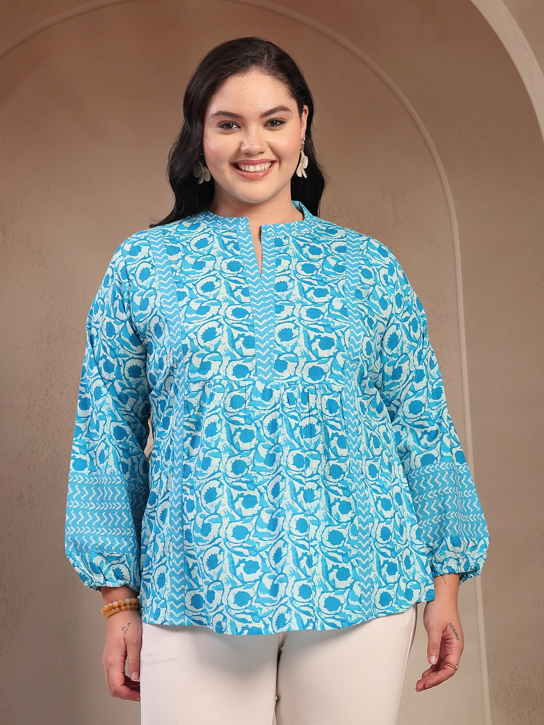 Plus Size Sky Blue Floral Printed Cotton Top