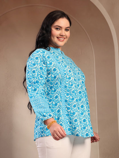 Plus Size Sky Blue Floral Printed Cotton Top