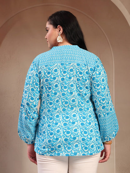Plus Size Sky Blue Floral Printed Cotton Top