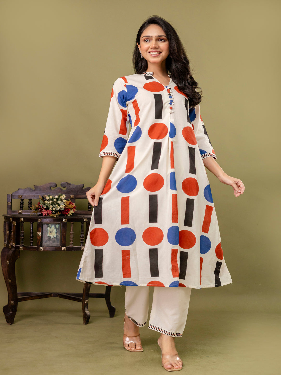 Off White Aline Cotton Printed Kurta With Pant