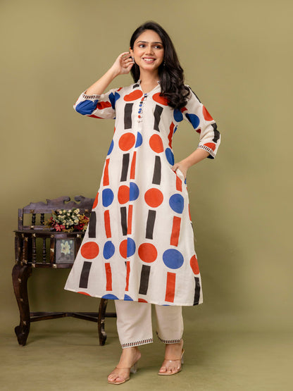 Off White Aline Cotton Printed Kurta With Pant