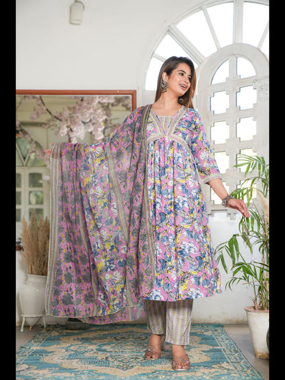 Pink Alia Cut Printed Cotton Kurta Bottom With Dupatta