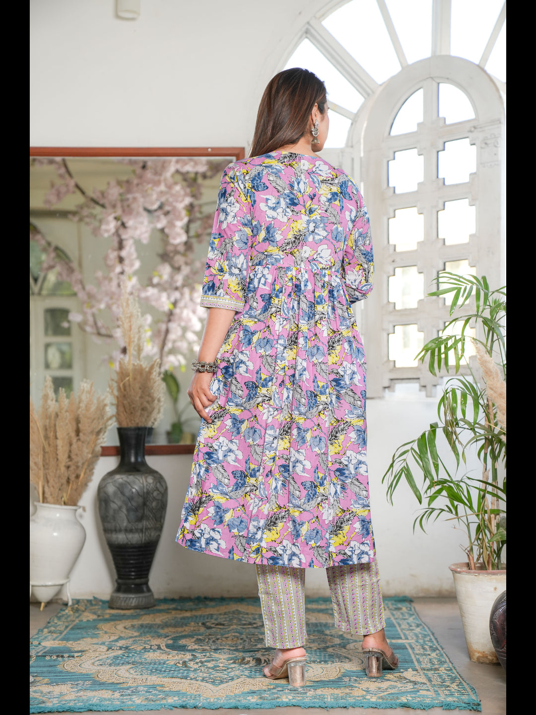 Pink Alia Cut Printed Cotton Kurta Bottom With Dupatta