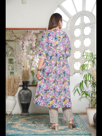 Pink Alia Cut Printed Cotton Kurta Bottom With Dupatta