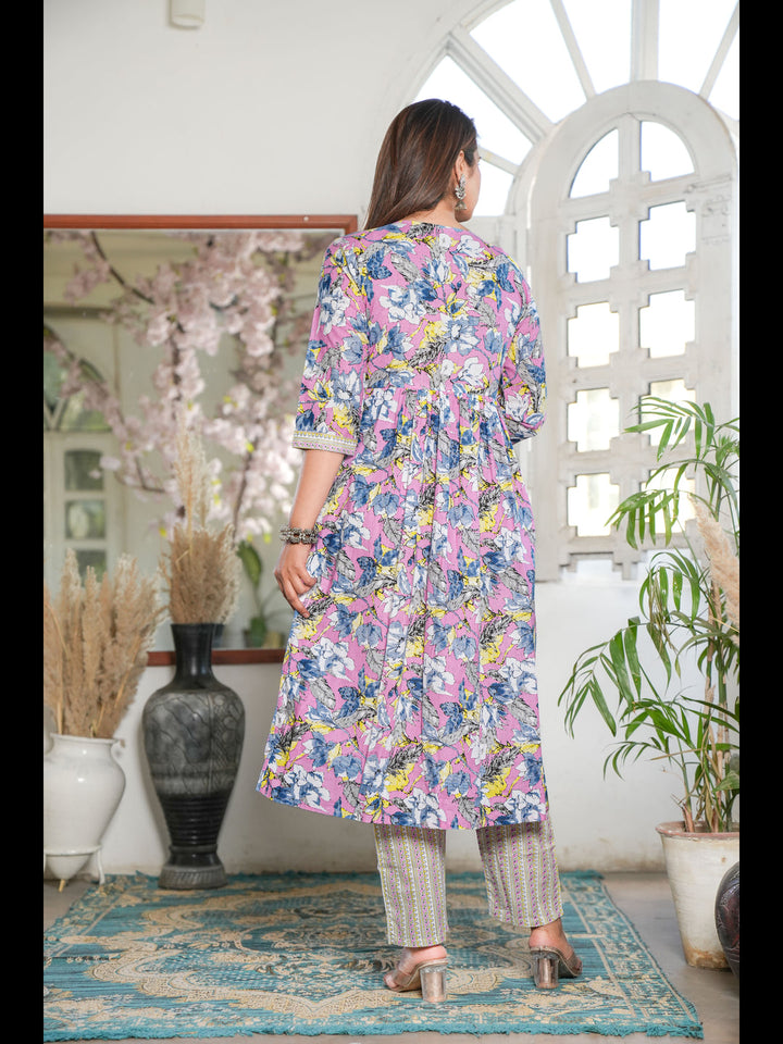 Pink Alia Cut Printed Cotton Kurta Bottom With Dupatta