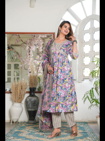 Pink Alia Cut Printed Cotton Kurta Bottom With Dupatta