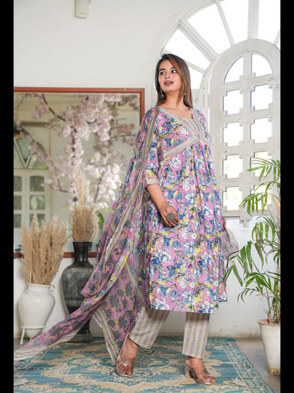 Pink Alia Cut Printed Cotton Kurta Bottom With Dupatta