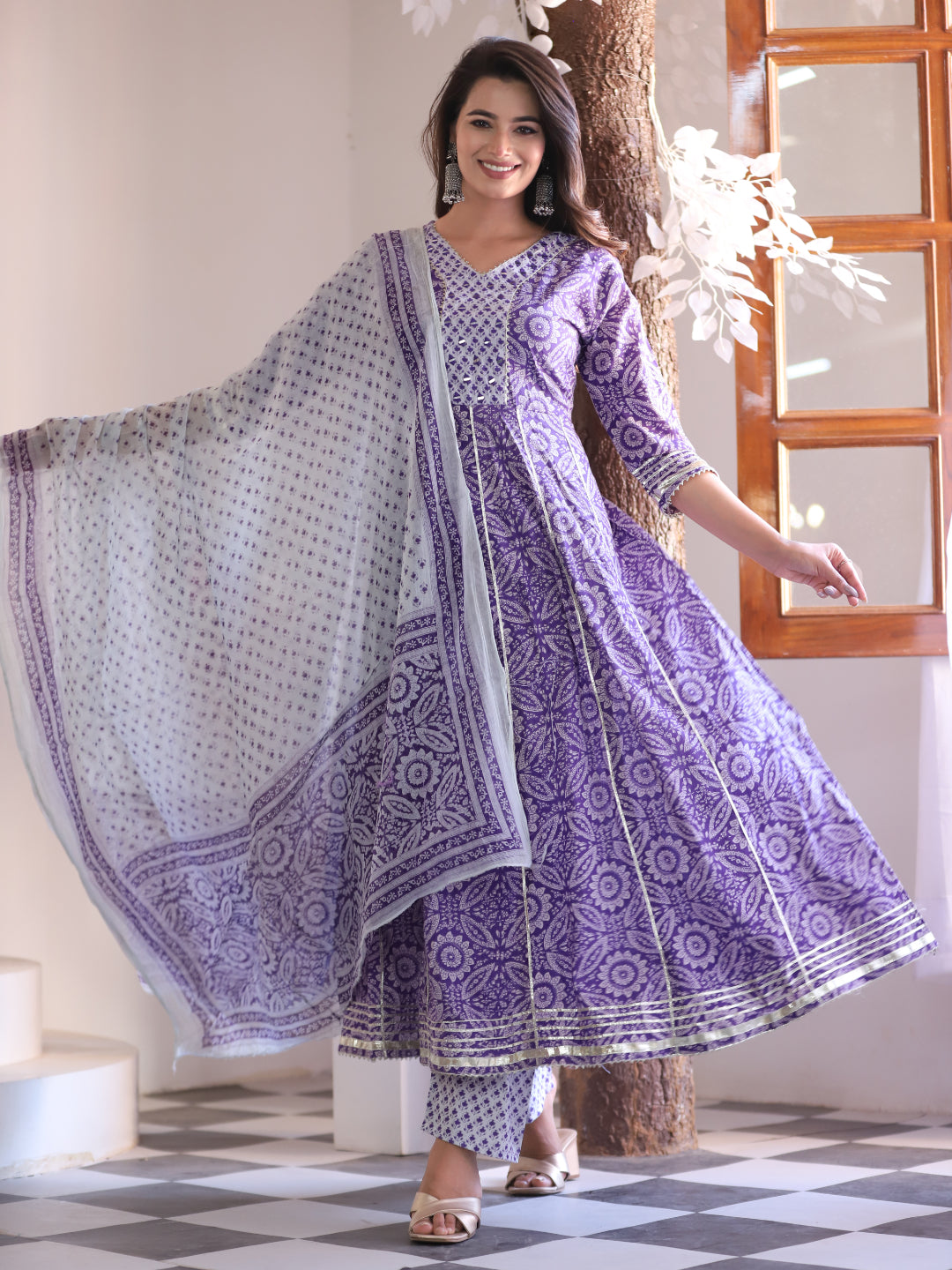 Purple Anarkali Cotton Printed Embroidered Kurta With Pant Dupatta