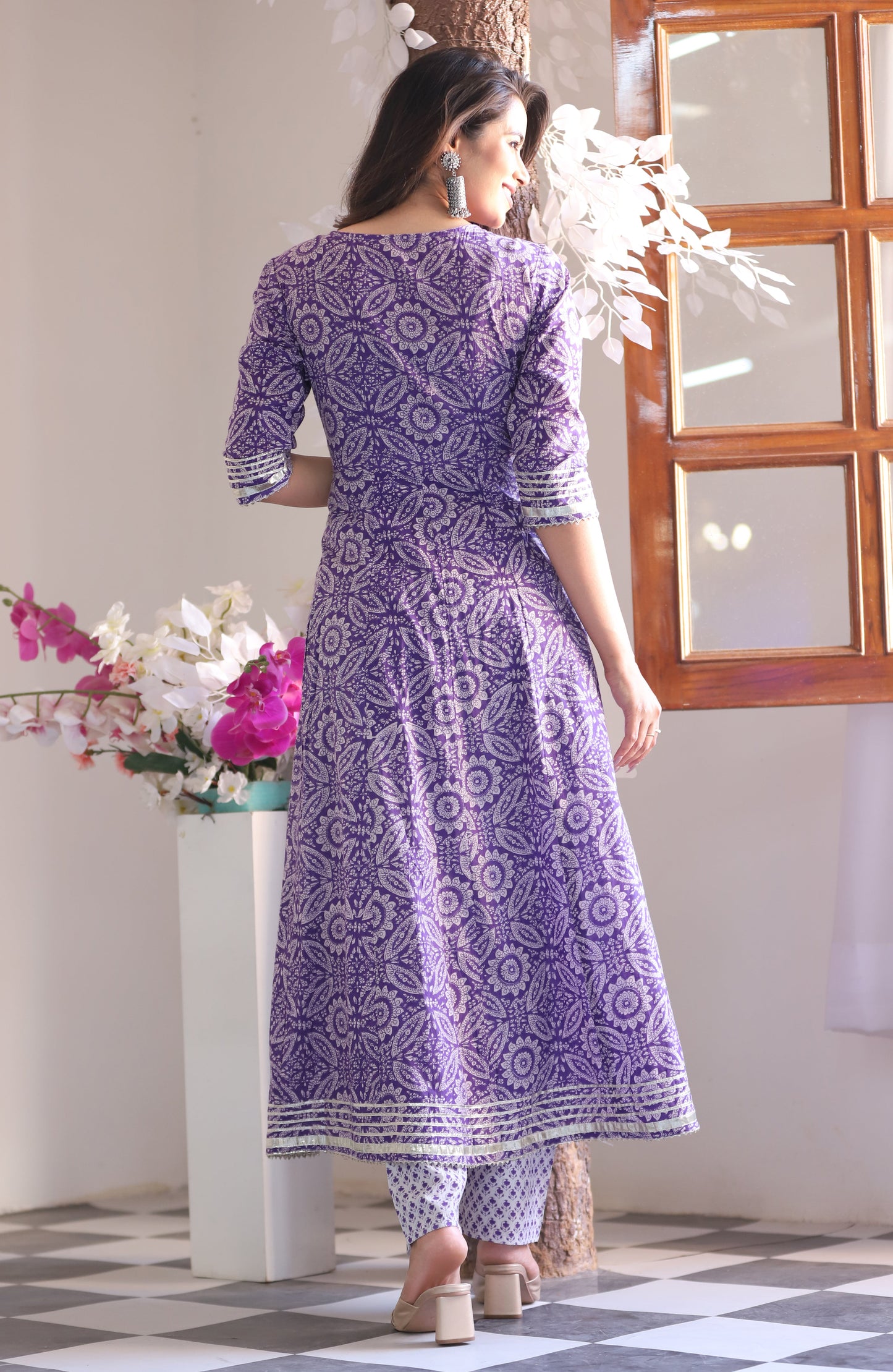 Purple Anarkali Cotton Printed Embroidered Kurta With Pant Dupatta