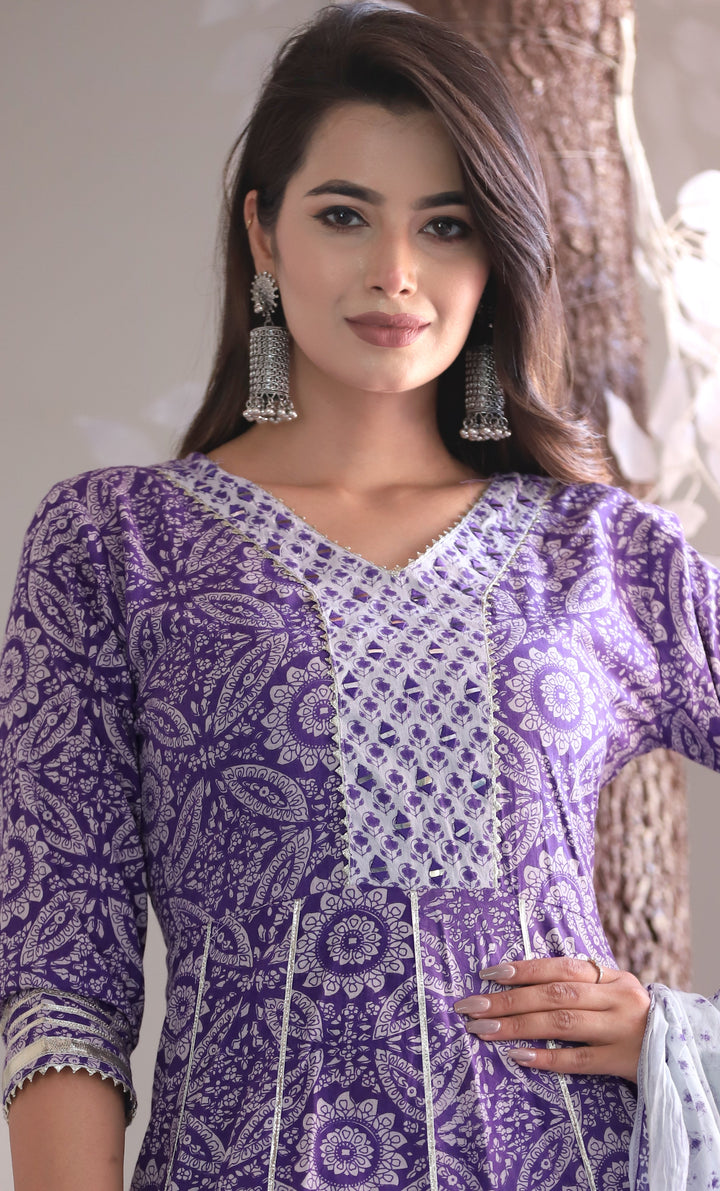 Purple Anarkali Cotton Printed Embroidered Kurta With Pant Dupatta