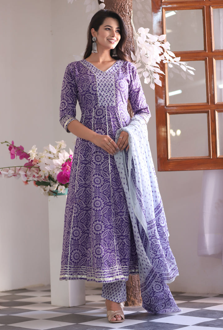Purple Anarkali Cotton Printed Embroidered Kurta With Pant Dupatta
