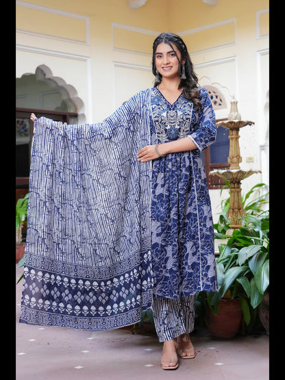 Blue Printed Anarkali Pure Cotton Kurta With Pant And Dupatta