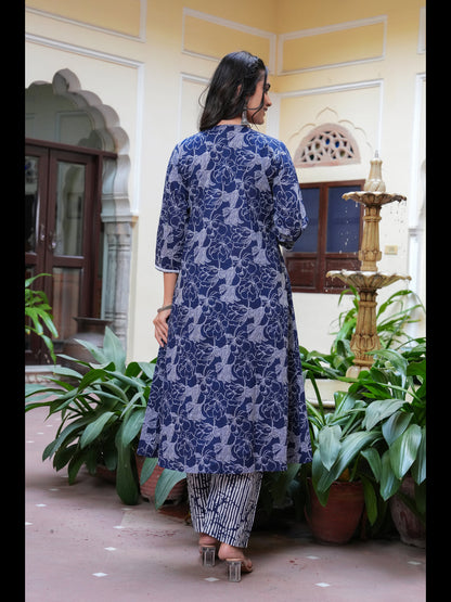 Blue Printed Anarkali Pure Cotton Kurta With Pant And Dupatta
