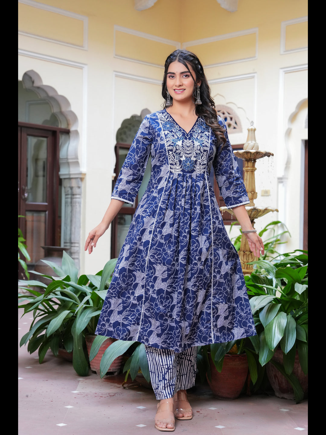 Blue Printed Anarkali Pure Cotton Kurta With Pant And Dupatta