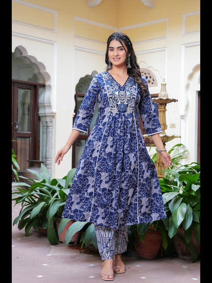 Blue Printed Anarkali Pure Cotton Kurta With Pant And Dupatta