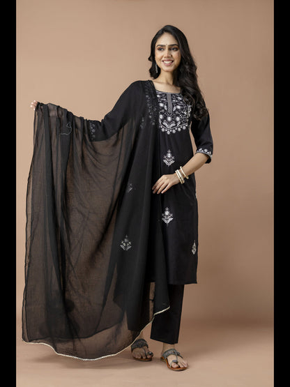 Black Embroidered Cotton Straight Kurta With Pant And Dupatta