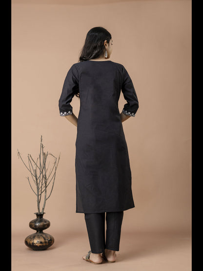 Black Embroidered Cotton Straight Kurta With Pant And Dupatta