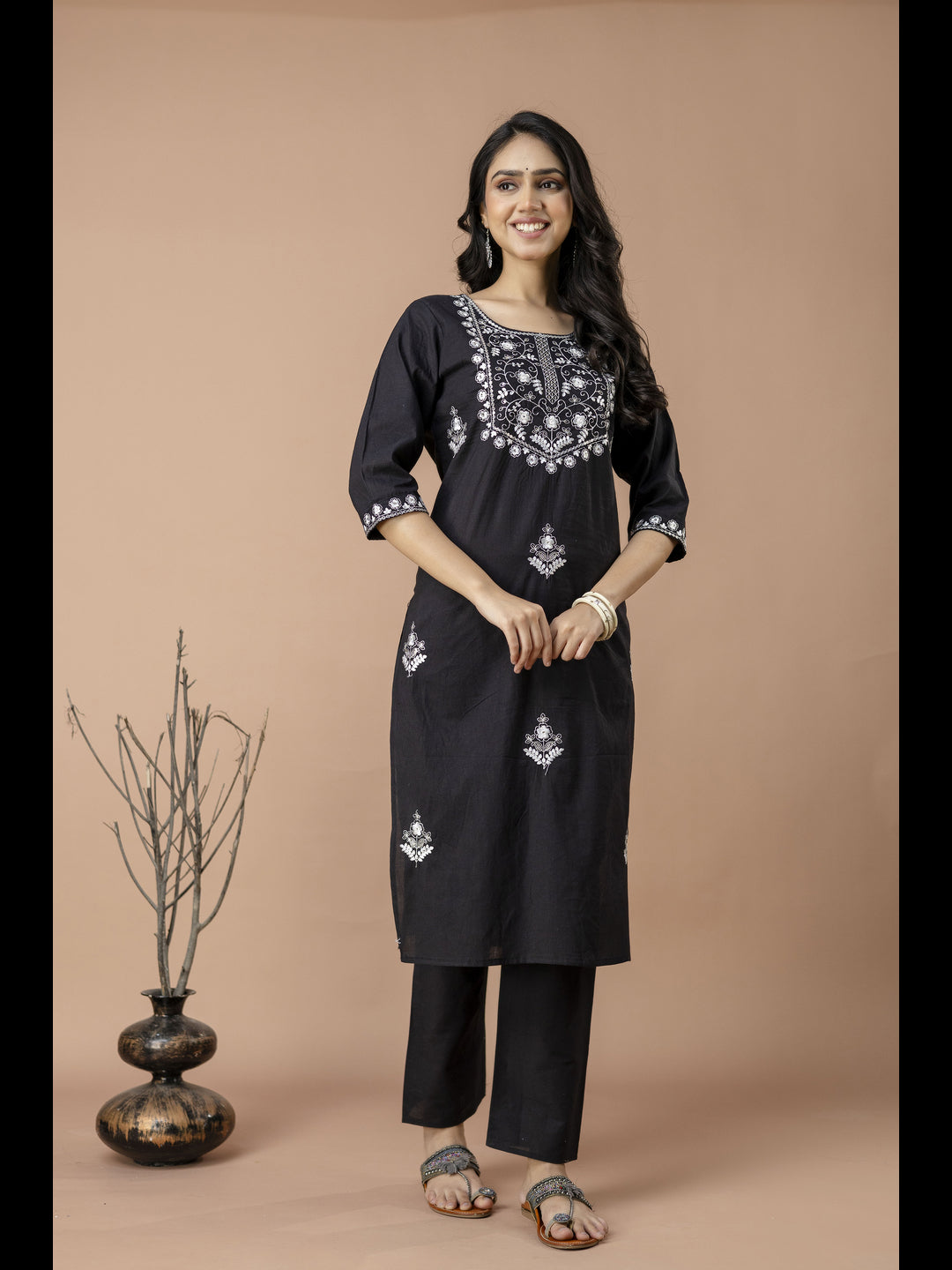 Black Embroidered Cotton Straight Kurta With Pant And Dupatta