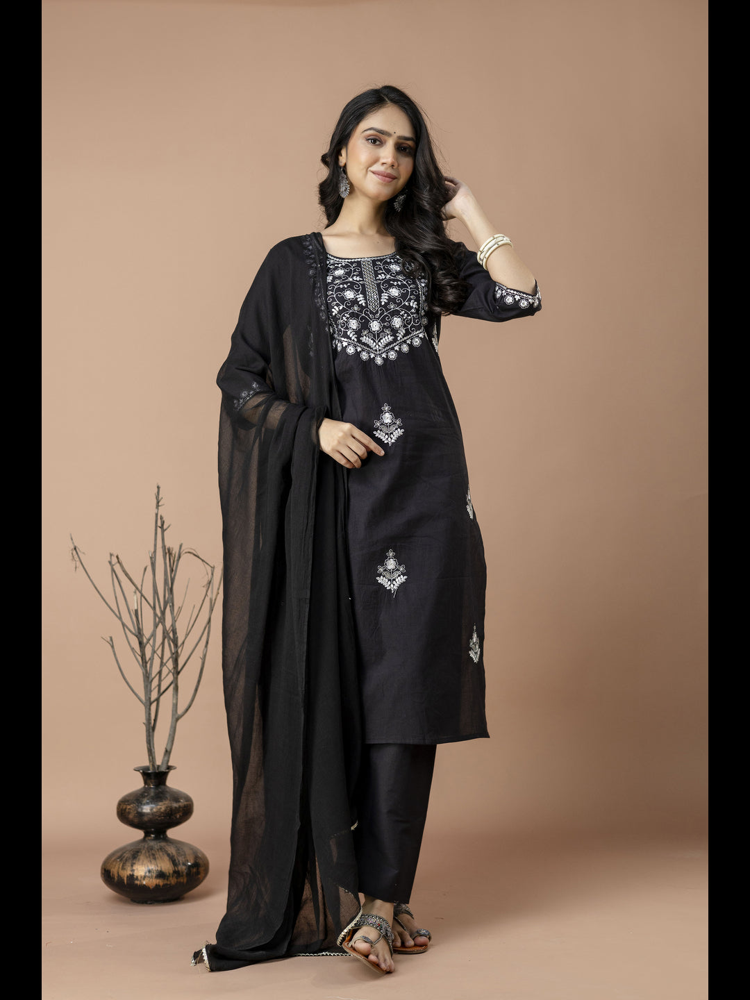 Black Embroidered Cotton Straight Kurta With Pant And Dupatta