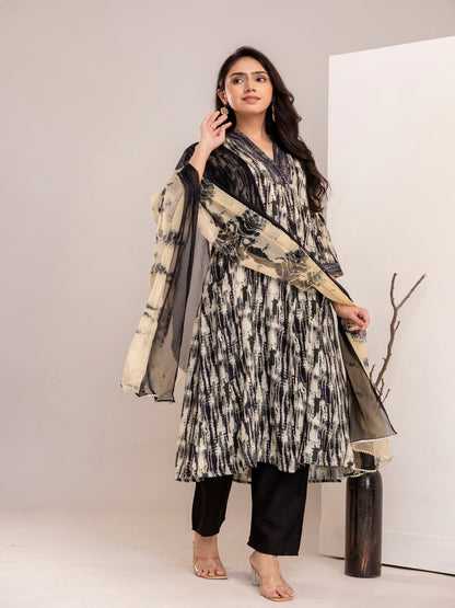 Black Anarkali Printed Anarkali Kurta With Pant And Dupatta