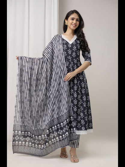 Black Printed Cotton A-Line Kurta With Pant And Dupatta