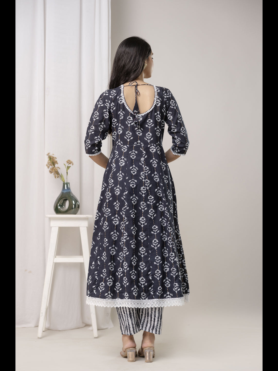 Black Printed Cotton A-Line Kurta With Pant And Dupatta