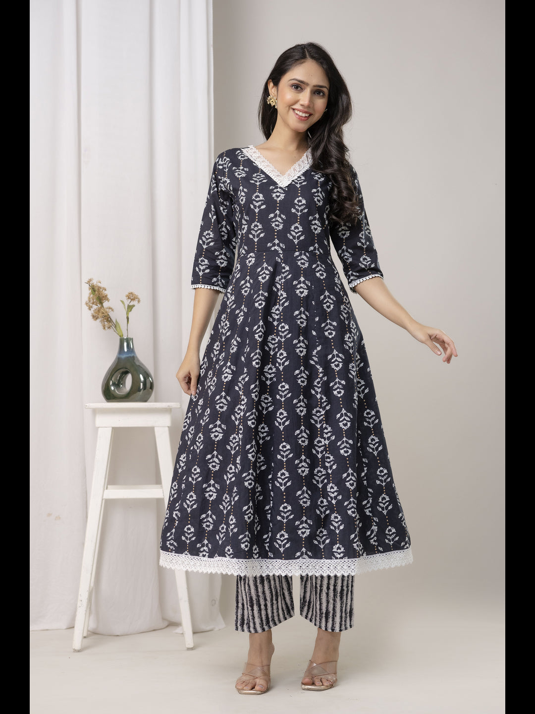 Black Printed Cotton A-Line Kurta With Pant And Dupatta