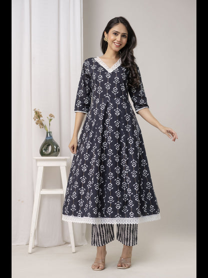 Black Printed Cotton A-Line Kurta With Pant And Dupatta