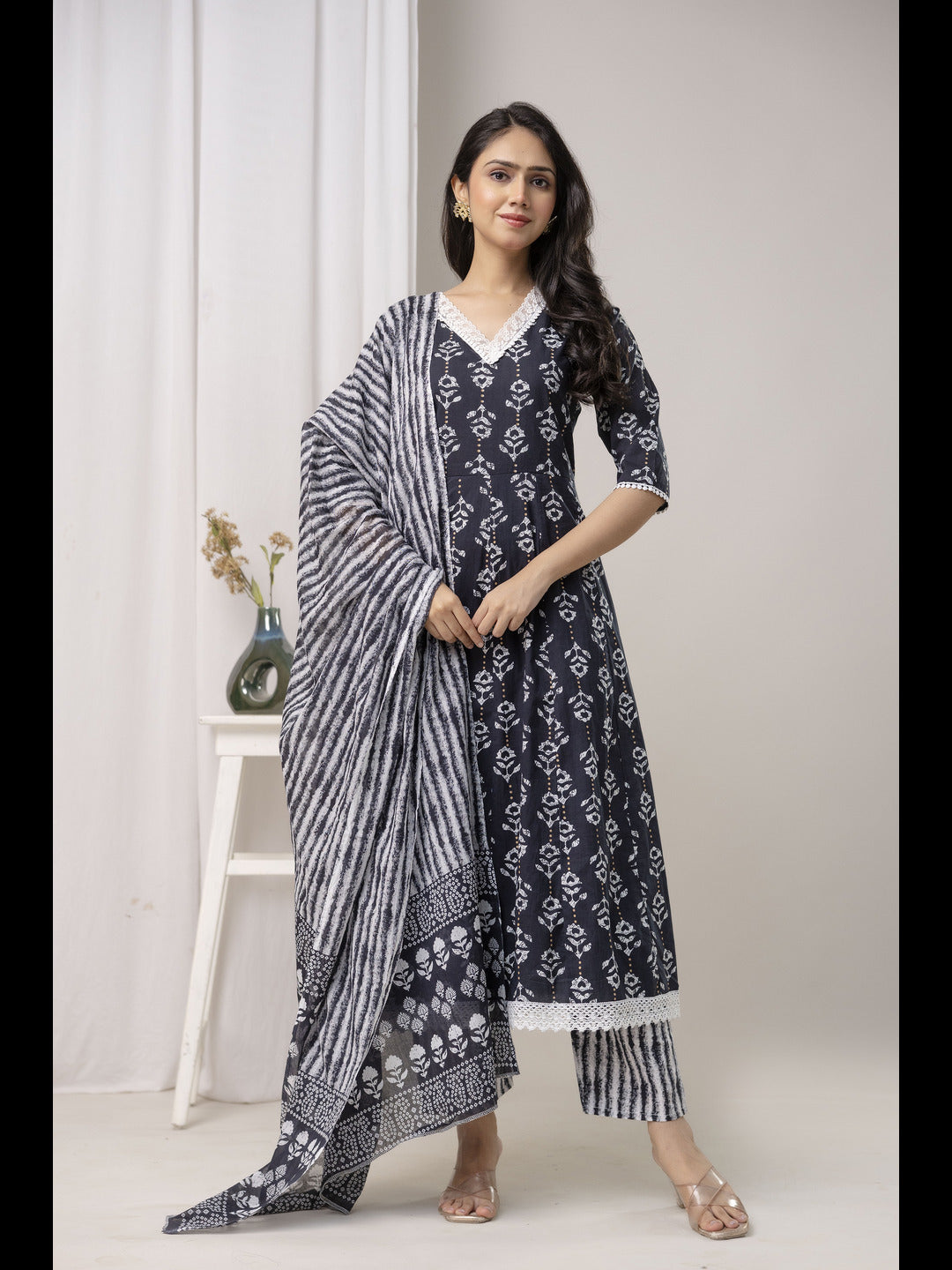 Black Printed Cotton A-Line Kurta With Pant And Dupatta