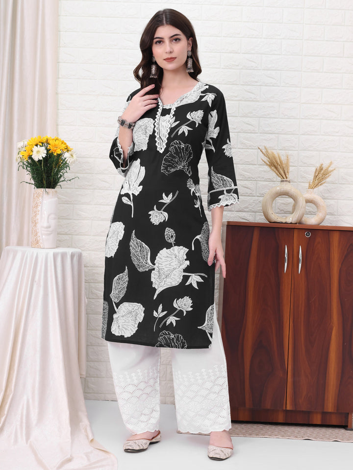 Black Straight Cotton Printed Kurta For Women