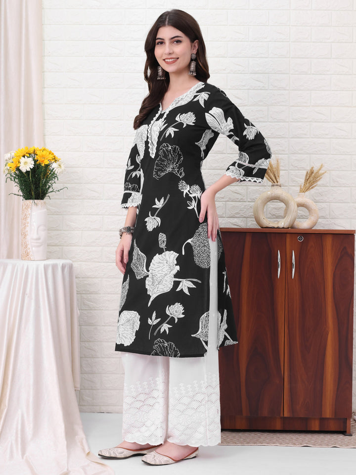 Black Straight Cotton Printed Kurta For Women