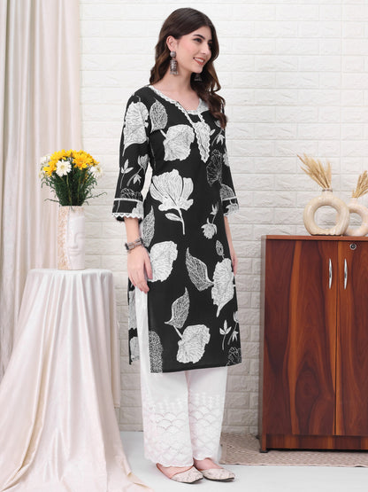 Black Straight Cotton Printed Kurta For Women