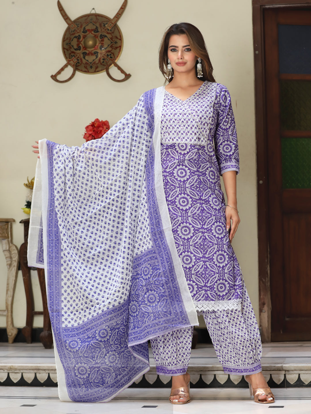 Blue Straight Cotton Printed Embroidered Kurta Bottom With Dupatta