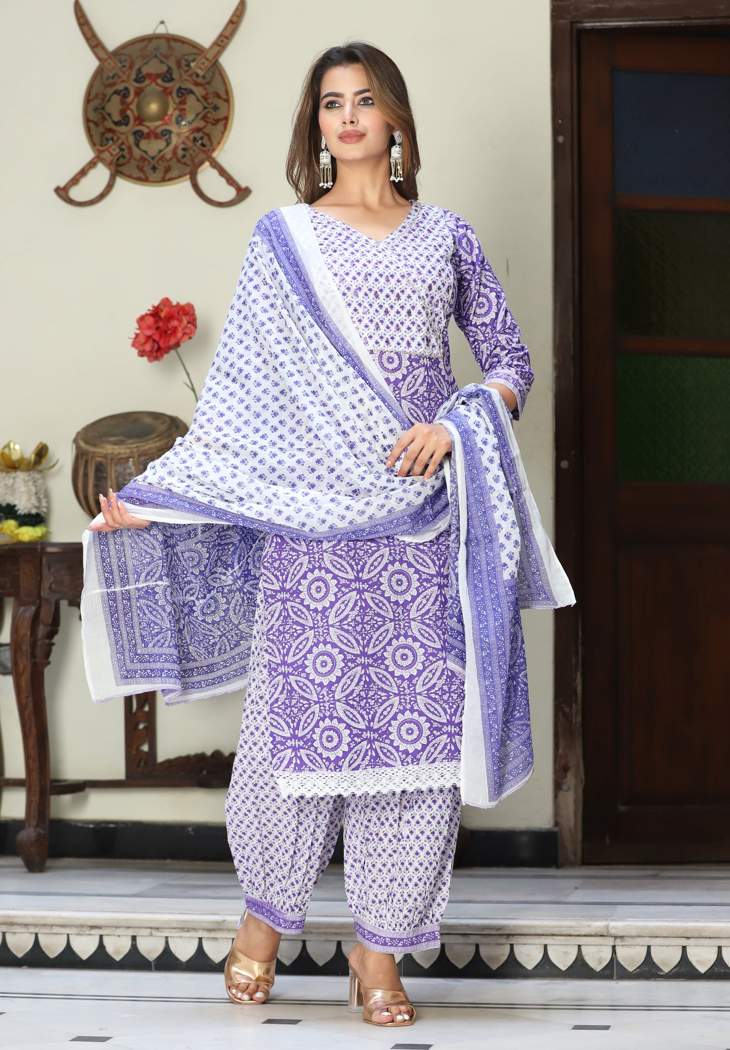 Blue Straight Cotton Printed Embroidered Kurta Bottom With Dupatta