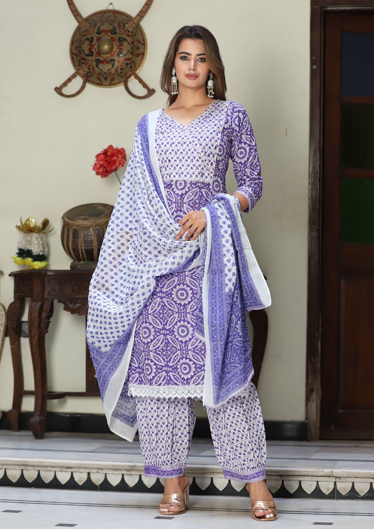 Blue Straight Cotton Printed Embroidered Kurta Bottom With Dupatta