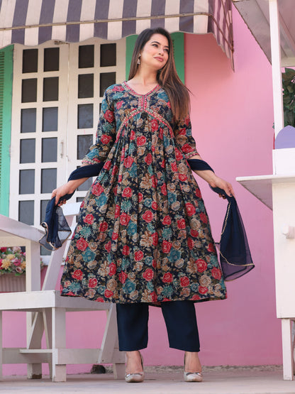 Blue Alia Cut Rayon Printd Embroiderd Kurta With Pant And Dupatta