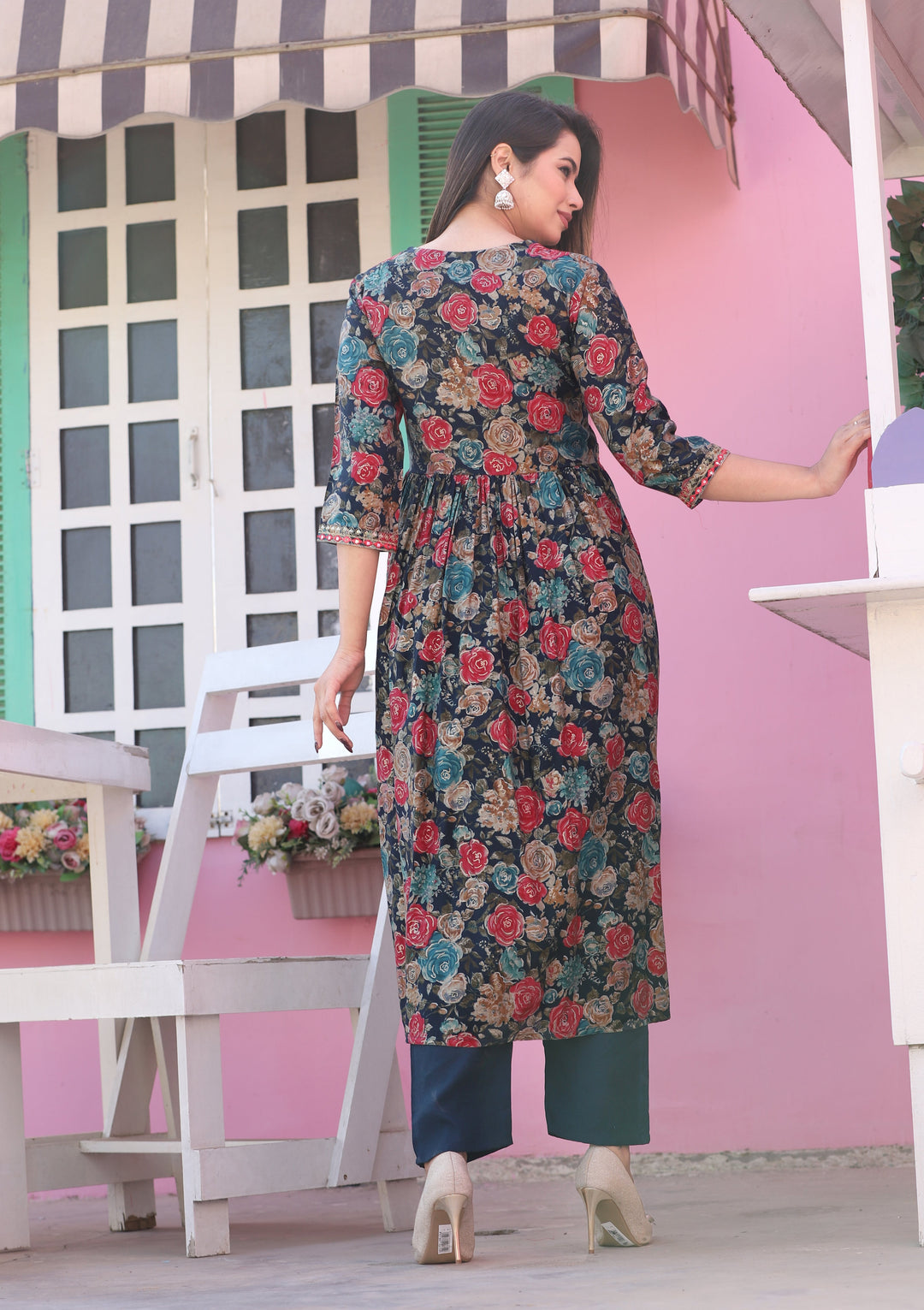 Blue Alia Cut Rayon Printd Embroiderd Kurta With Pant And Dupatta