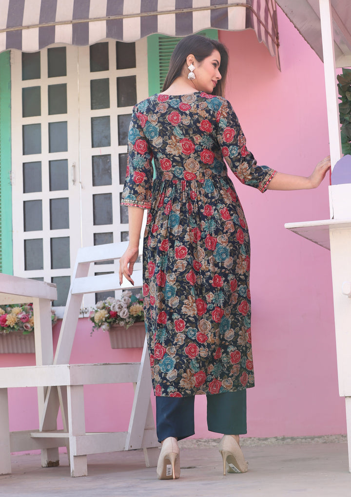 Blue Alia Cut Rayon Printd Embroiderd Kurta With Pant And Dupatta