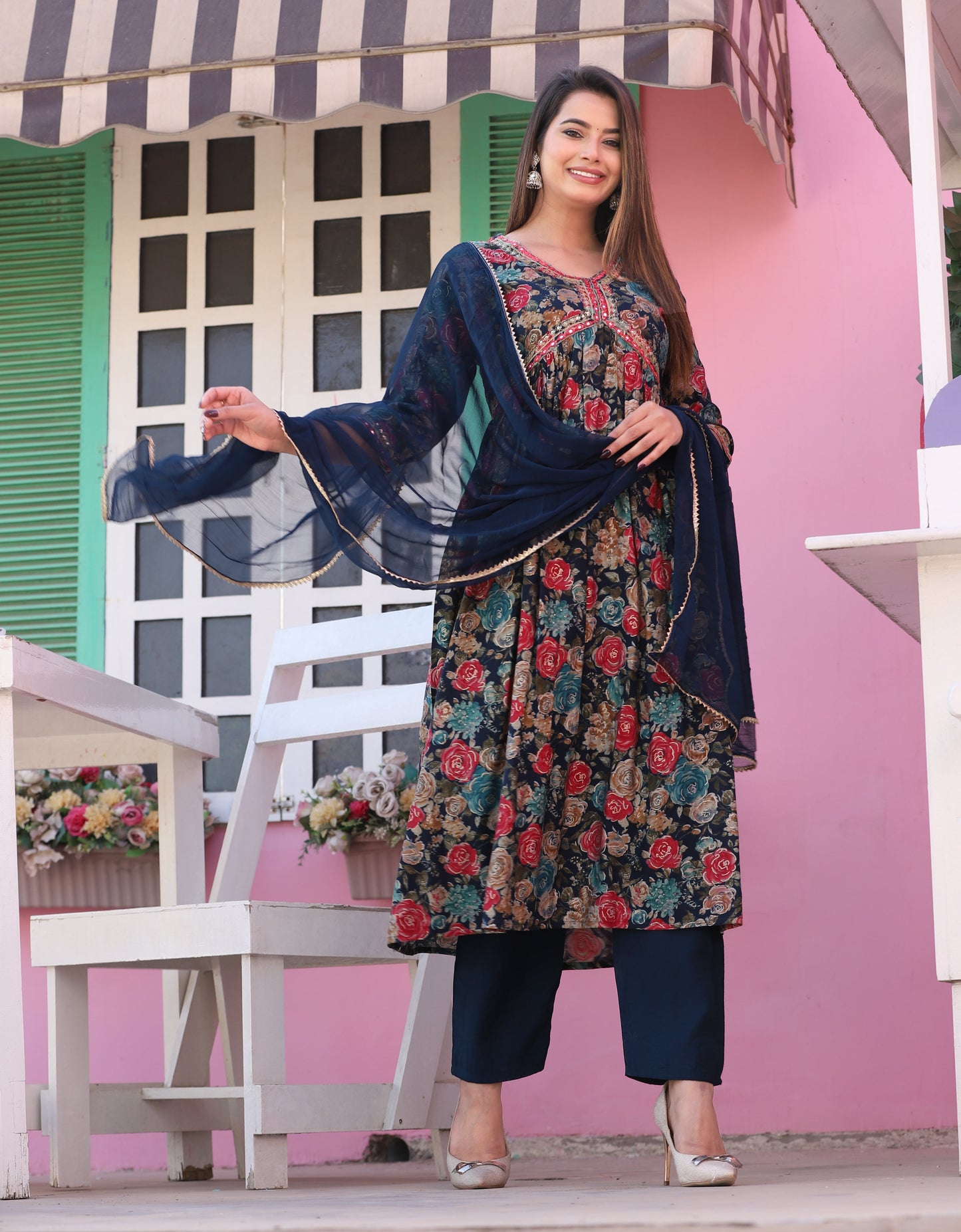 Blue Alia Cut Rayon Printd Embroiderd Kurta With Pant And Dupatta