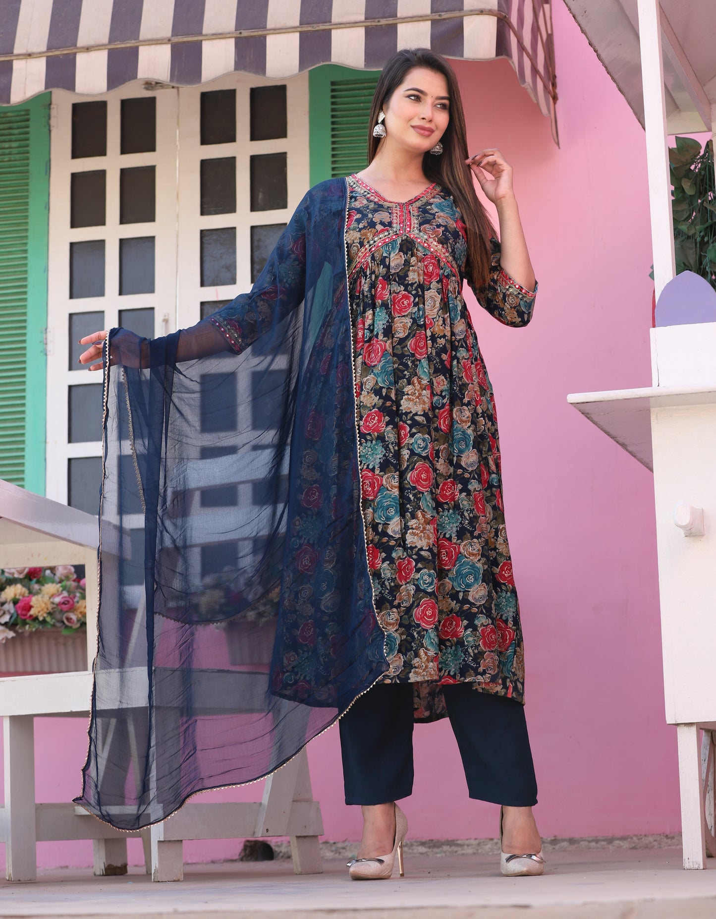 Blue Alia Cut Rayon Printd Embroiderd Kurta With Pant And Dupatta