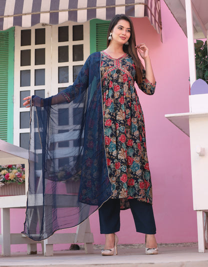 Blue Alia Cut Rayon Printd Embroiderd Kurta With Pant And Dupatta