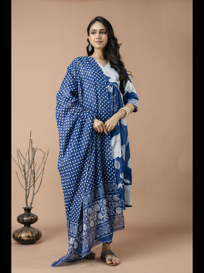 Blue Alia Cut Cotton Printed Kurta With Pant And Dupatta