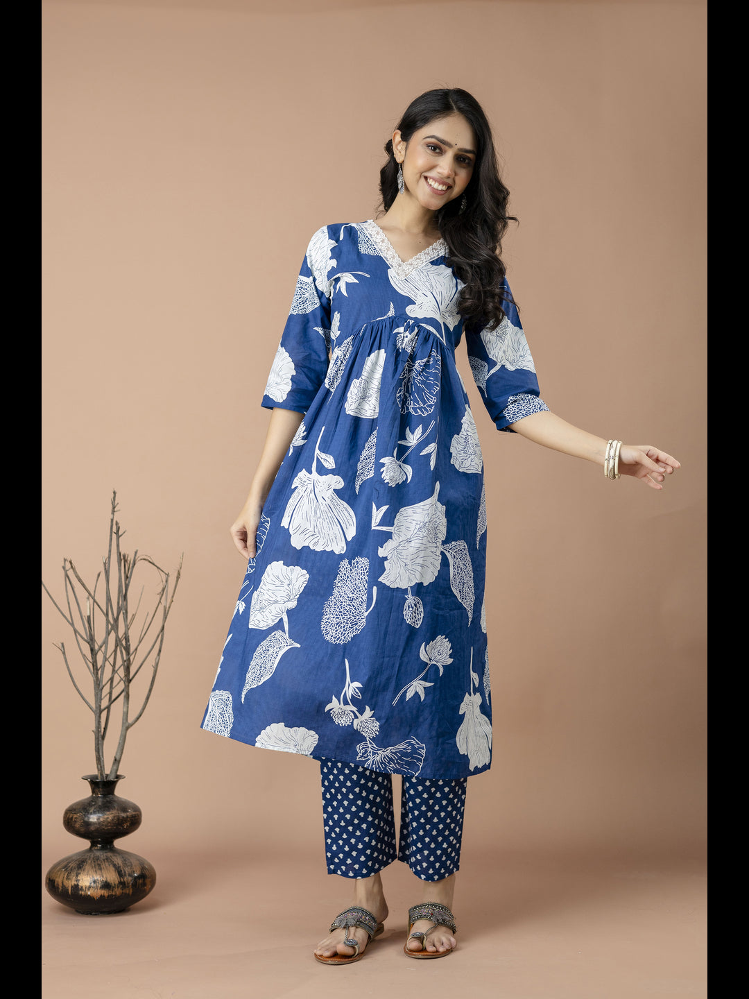 Blue Alia Cut Cotton Printed Kurta With Pant And Dupatta