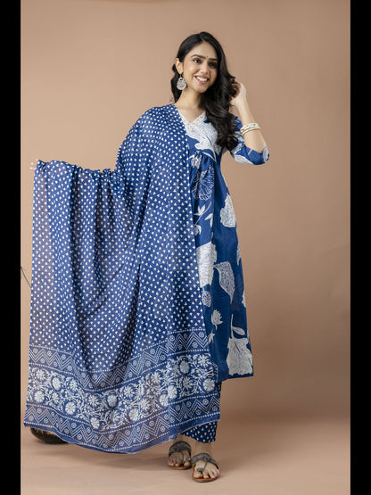 Blue Alia Cut Cotton Printed Kurta With Pant And Dupatta