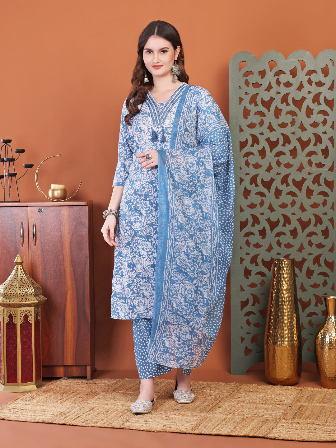 Blue Anarkali Cotton Printed Selfdesign Kurta With Pant And Dupatta