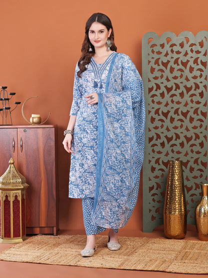 Blue Anarkali Cotton Printed Selfdesign Kurta With Pant And Dupatta