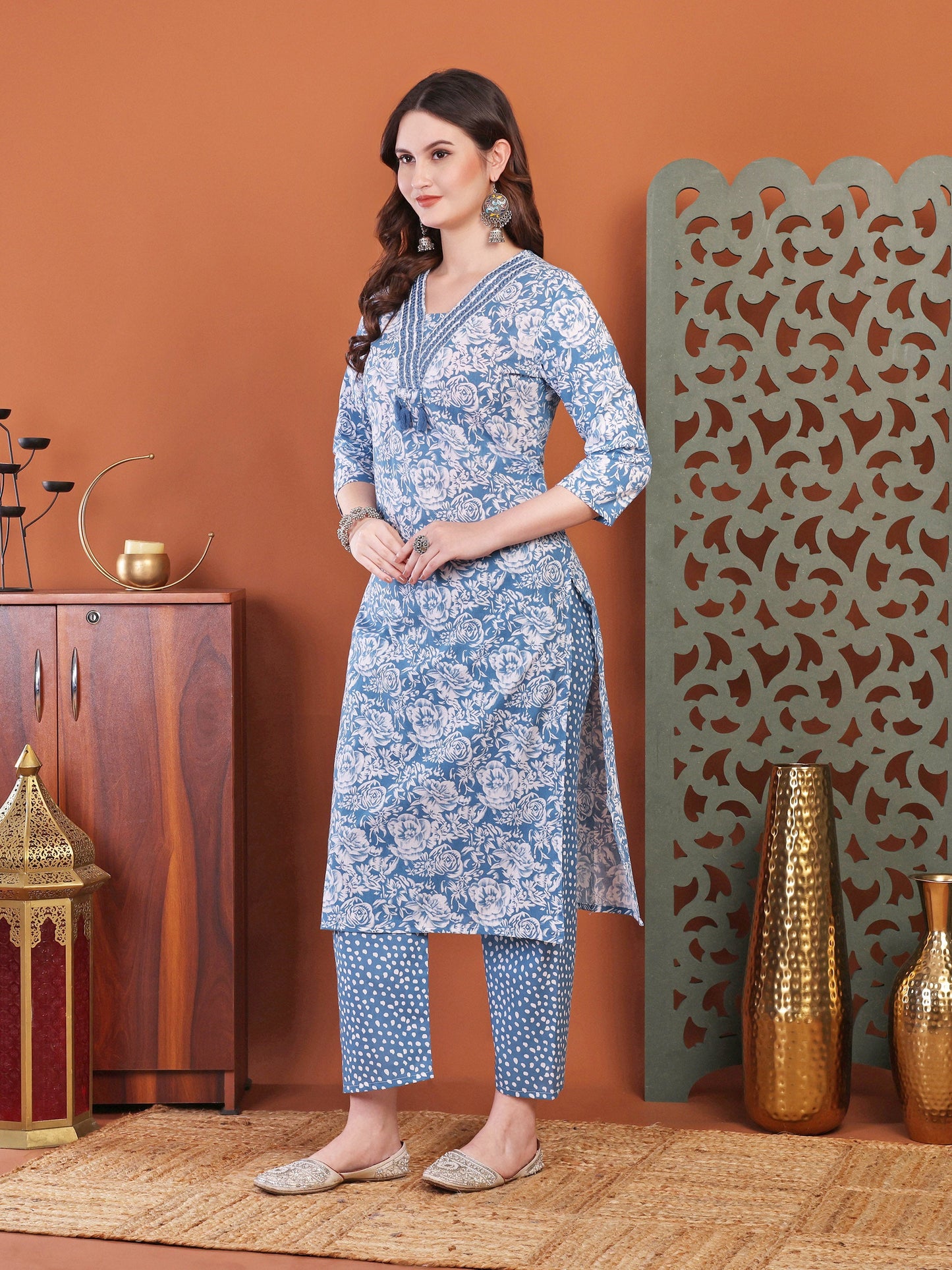 Blue Anarkali Cotton Printed Selfdesign Kurta With Pant And Dupatta