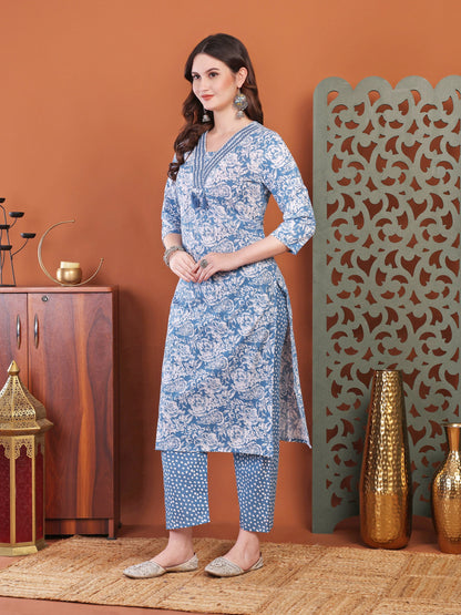 Blue Anarkali Cotton Printed Selfdesign Kurta With Pant And Dupatta
