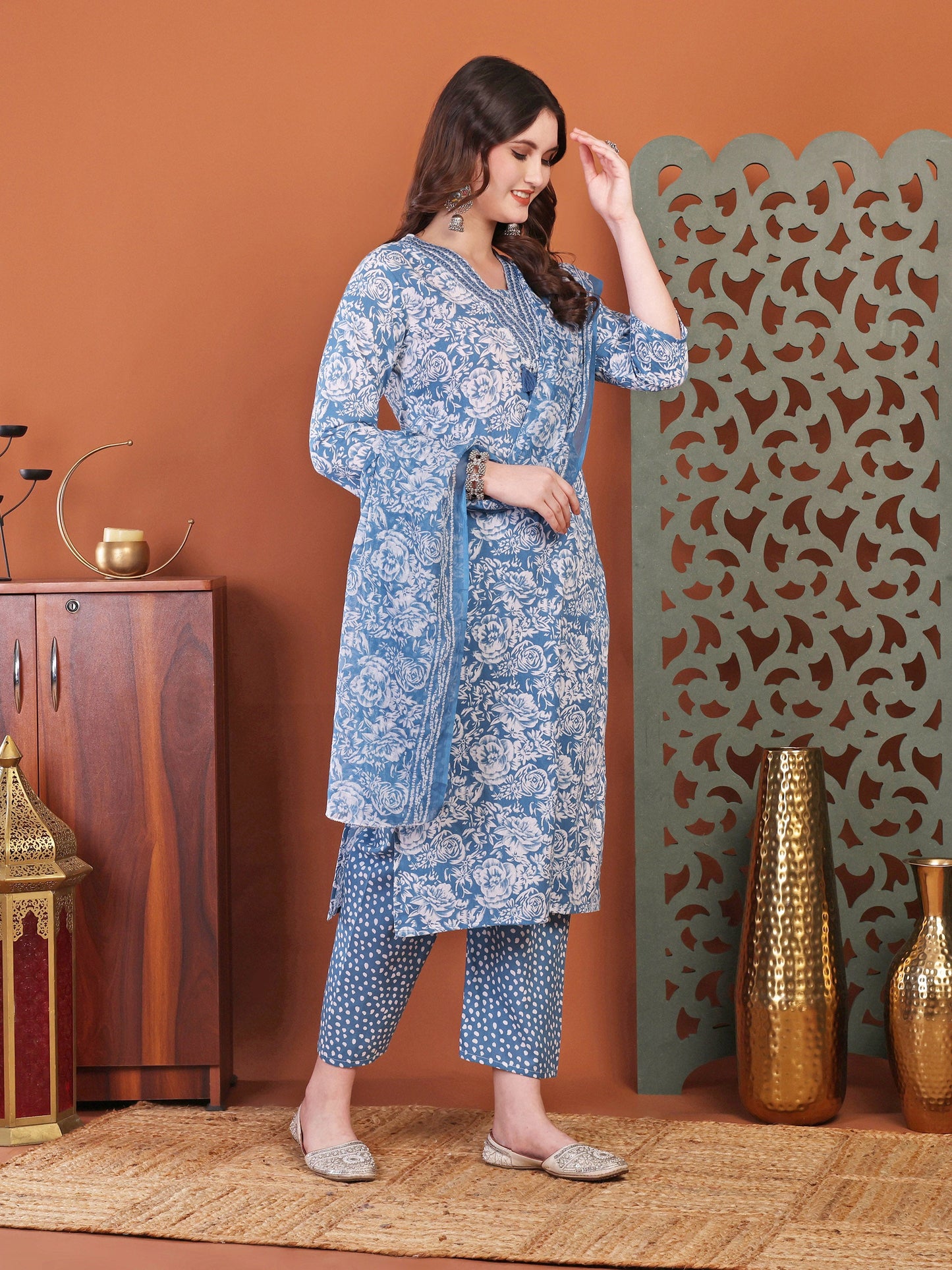 Blue Anarkali Cotton Printed Selfdesign Kurta With Pant And Dupatta