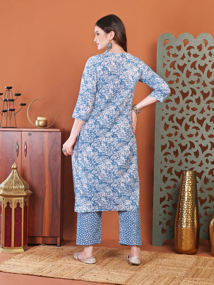 Blue Anarkali Cotton Printed Selfdesign Kurta With Pant And Dupatta